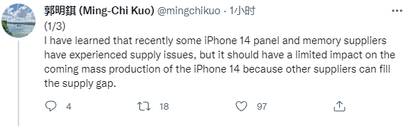 iPhone 14/Max面板供应困难！郭明錤：有京东方在不